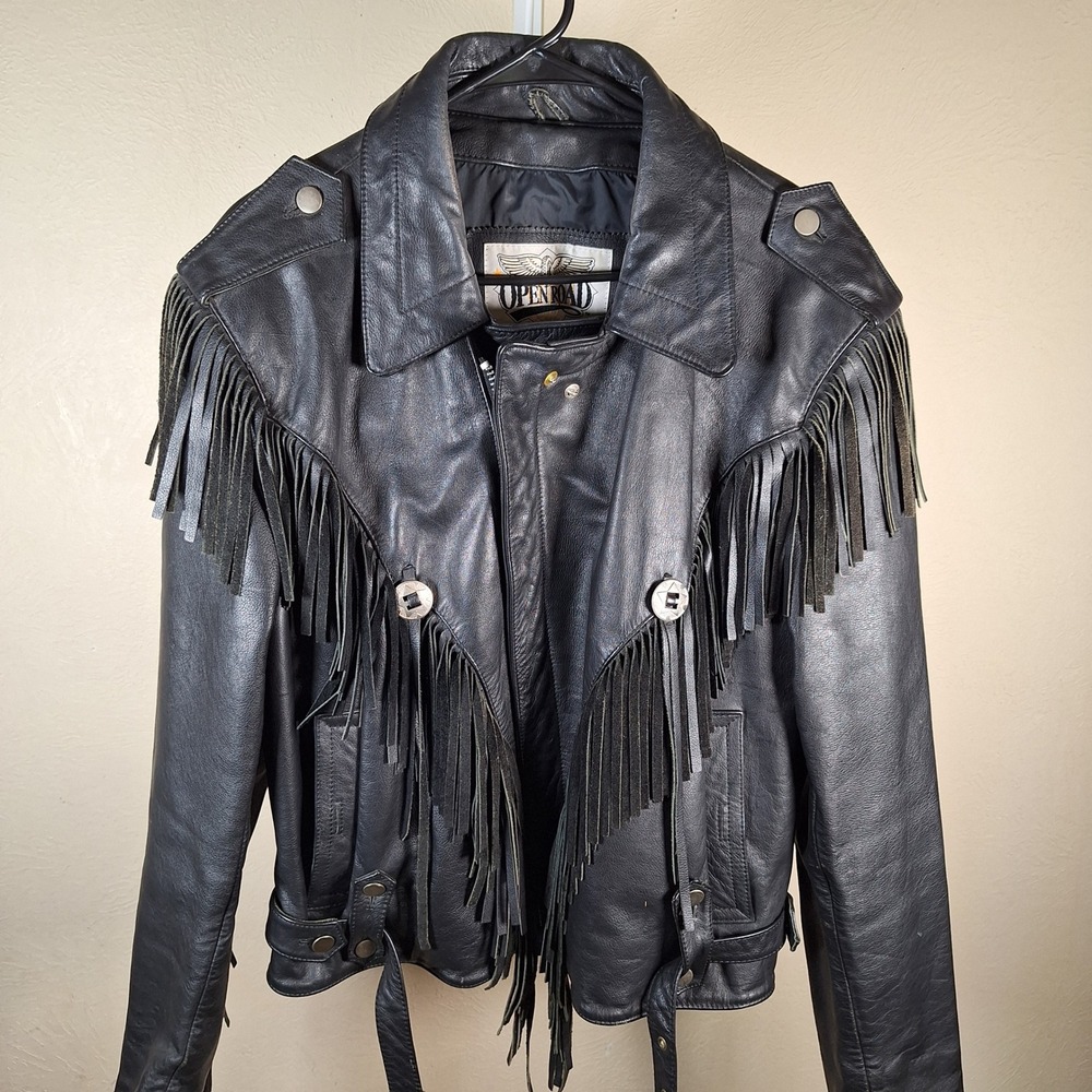 Open Road‎ Vintage Fringe Leather Moto Jacket Concho Mens 44